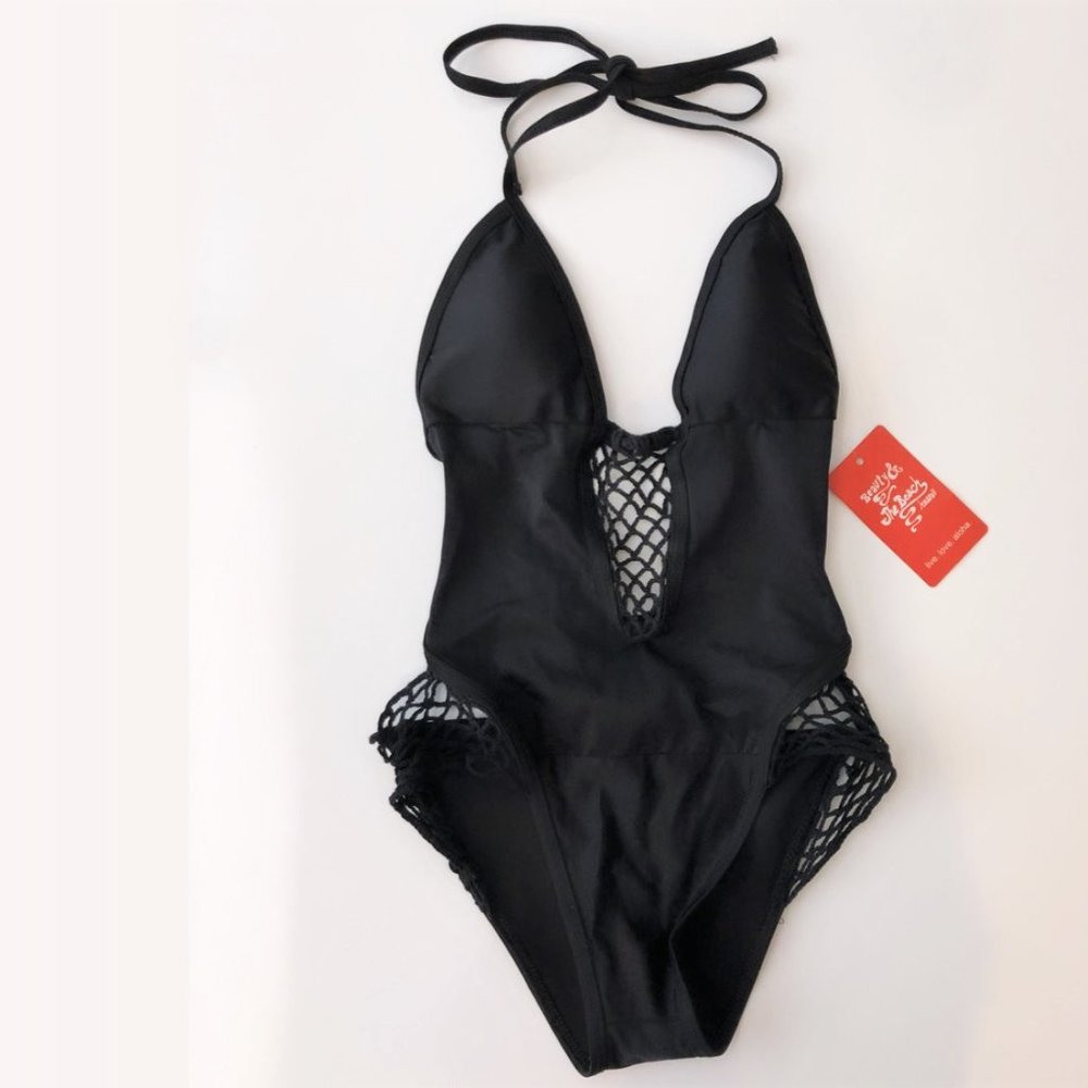 NWT Beauty & The Beach Black Crochet One-Piece